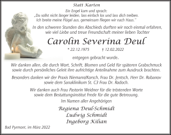 Traueranzeige von Carolin Severina Deul von Deister- und Weserzeitung