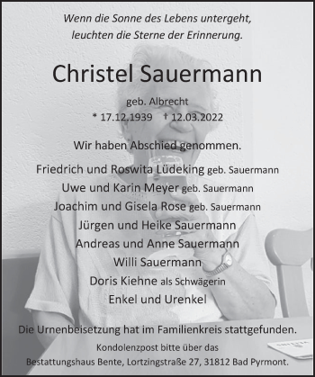 Traueranzeige von Christel Sauermann von Deister- und Weserzeitung
