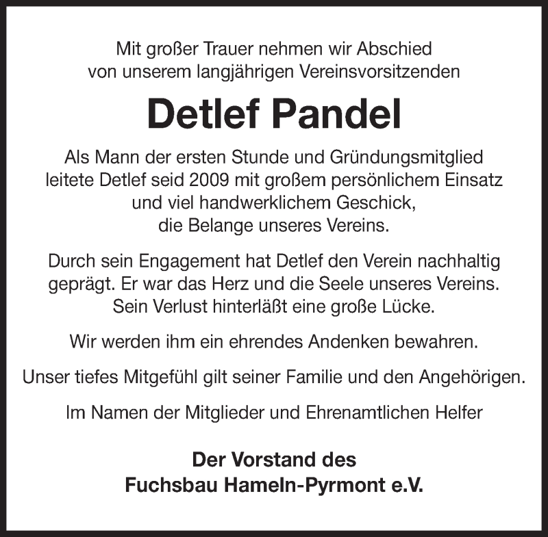  Traueranzeige für Detlef Pandel vom 28.03.2022 aus Deister- und Weserzeitung