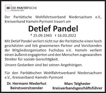 Traueranzeige von Detlef Pandel von Deister- und Weserzeitung