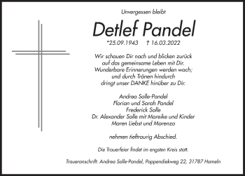 Traueranzeige von Detlef Pandel von Deister- und Weserzeitung