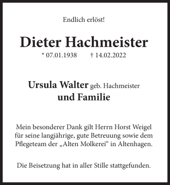 Traueranzeige von Dieter Hachmeister von Deister- und Weserzeitung