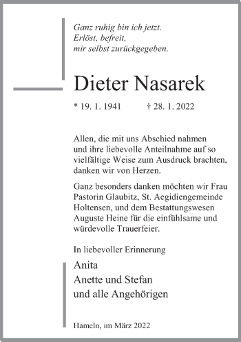 Traueranzeige von Dieter Nasarek von Deister- und Weserzeitung