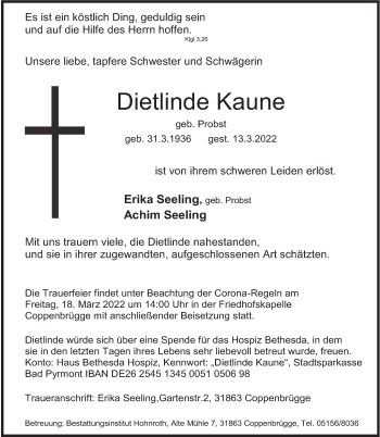 Traueranzeige von Dietlinde Kaune von Deister- und Weserzeitung