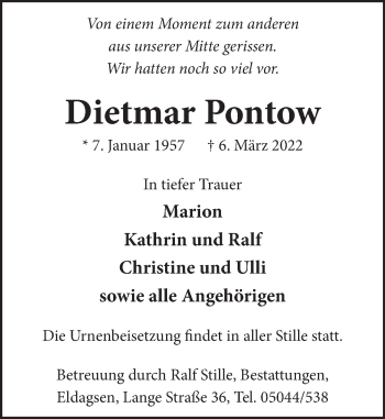 Traueranzeige von Dietmar Pontow von Neue Deister-Zeitung