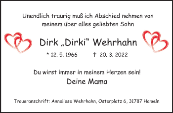 Traueranzeige von Dirk Wehrhahn von Deister- und Weserzeitung
