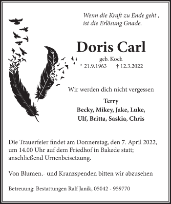 Traueranzeige von Doris Carl von Neue Deister-Zeitung