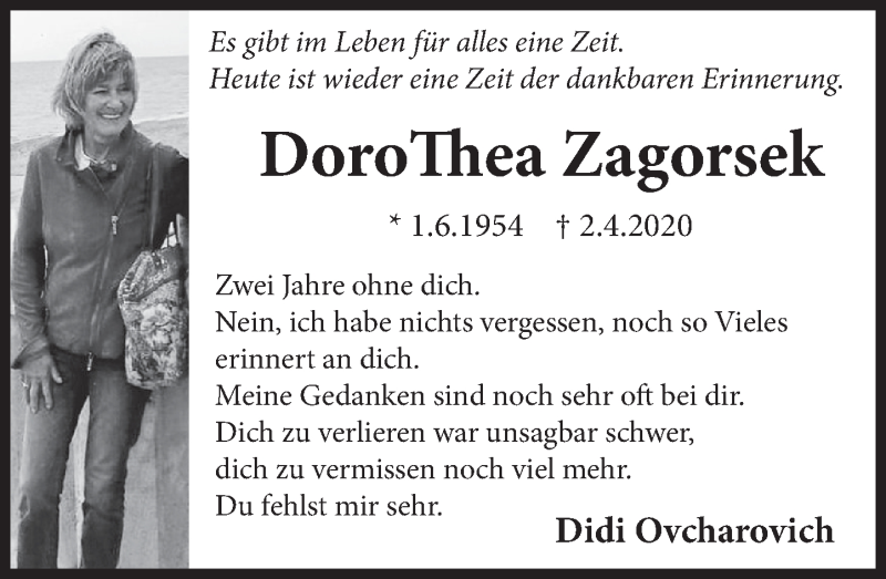  Traueranzeige für DoroThea Zagorsek vom 02.04.2022 aus Deister- und Weserzeitung