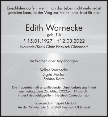 Traueranzeige von Edith Warnecke von Deister- und Weserzeitung