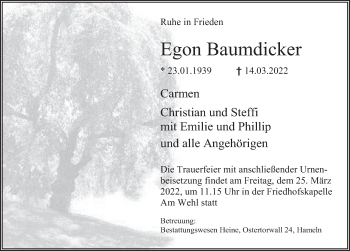 Traueranzeige von Egon Baumdicker von Deister- und Weserzeitung