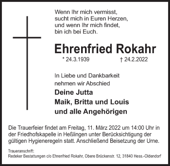 Traueranzeige von Ehrenfried Rokahr von Deister- und Weserzeitung