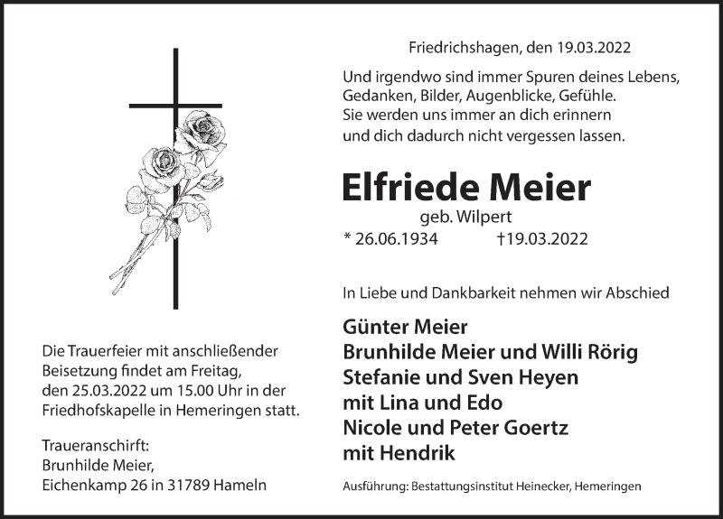  Traueranzeige für Elfriede Meier vom 23.03.2022 aus Deister- und Weserzeitung
