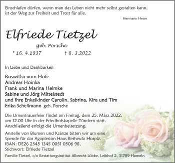 Traueranzeige von Elfriede Tietzel von Deister- und Weserzeitung
