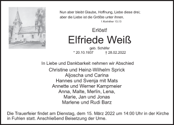 Traueranzeige von Elfriede Weiß von Deister- und Weserzeitung