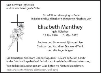 Traueranzeige von Elisabeth Manthey von Deister- und Weserzeitung