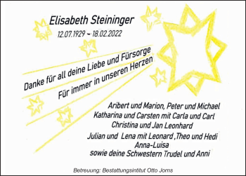Traueranzeige von Elisabeth Steininger von Deister- und Weserzeitung