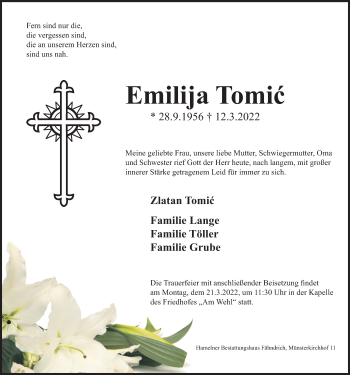 Traueranzeige von Emilija Tomic von Deister- und Weserzeitung