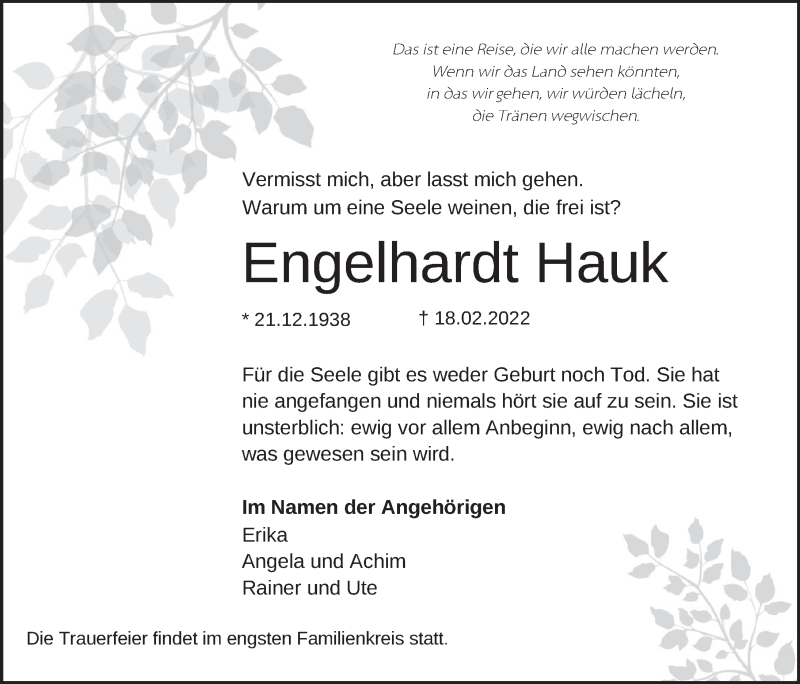  Traueranzeige für Engelhardt Hauk vom 05.03.2022 aus Neue Deister-Zeitung