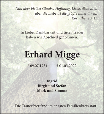 Traueranzeige von Erhard Migge von Neue Deister-Zeitung
