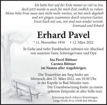 Traueranzeige von Erhard Pavel von Neue Deister-Zeitung