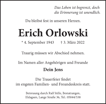 Traueranzeige von Erich Orlowski von Neue Deister-Zeitung