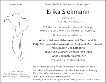 Traueranzeige von Erika Siekmann von Deister- und Weserzeitung