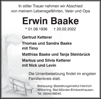 Traueranzeige von Erwin Baake von Neue Deister-Zeitung