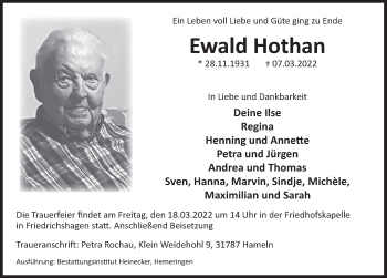 Traueranzeige von Ewald Hothan von Deister- und Weserzeitung