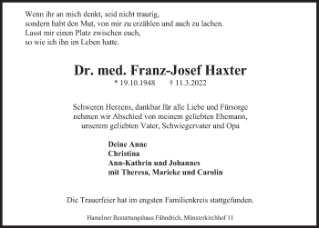 Traueranzeige von Franz-Josef Haxter von Deister- und Weserzeitung