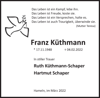 Traueranzeige von Franz Küthmann von Deister- und Weserzeitung