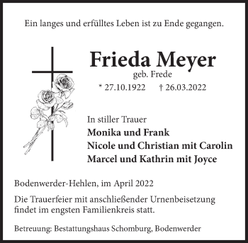 Traueranzeige von Frieda Meyer von Deister- und Weserzeitung