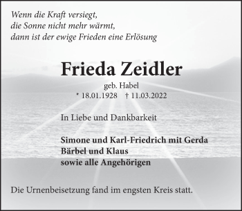 Traueranzeige von Frieda Zeidler von Neue Deister-Zeitung
