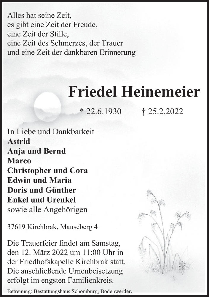  Traueranzeige für Friedel Heinemeier vom 05.03.2022 aus Deister- und Weserzeitung