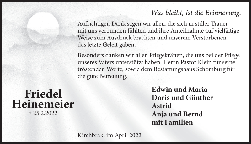  Traueranzeige für Friedel Heinemeier vom 02.04.2022 aus Deister- und Weserzeitung