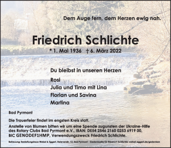 Traueranzeige von Friedrich Schlichte von Deister- und Weserzeitung