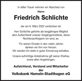 Traueranzeige von Friedrich Schlichte von Deister- und Weserzeitung