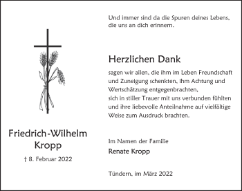 Traueranzeige von Friedrich-Wilhelm Kropp von Deister- und Weserzeitung