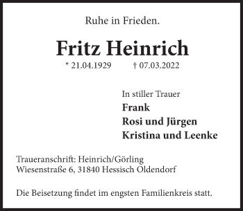 Traueranzeige von Fritz Heinrich von Deister- und Weserzeitung