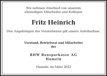 Traueranzeige von Fritz Heinrich von Deister- und Weserzeitung