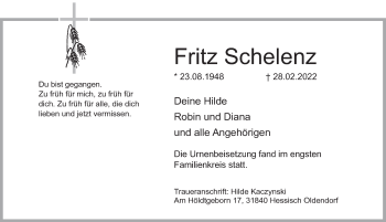 Traueranzeige von Fritz Schelenz von Deister- und Weserzeitung