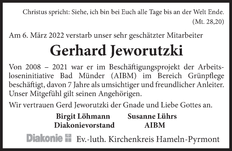  Traueranzeige für Gerhard Jeworutzki vom 14.03.2022 aus Deister- und Weserzeitung