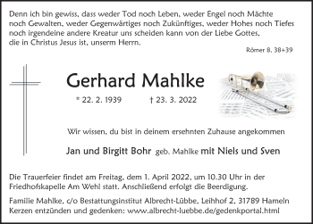 Traueranzeige von Gerhard Mahlke von Deister- und Weserzeitung