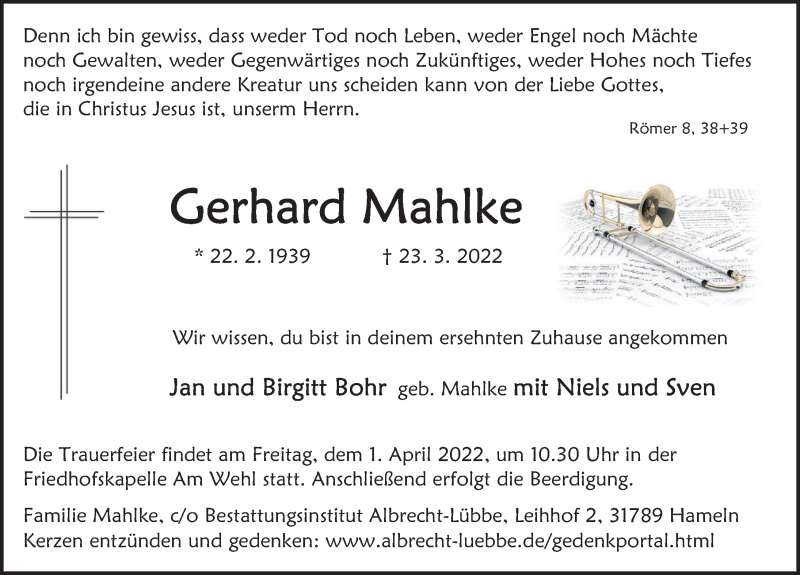  Traueranzeige für Gerhard Mahlke vom 26.03.2022 aus Deister- und Weserzeitung