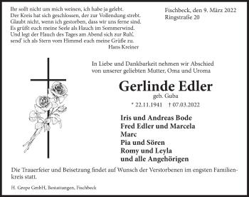 Traueranzeige von Gerlinde Edler von Deister- und Weserzeitung