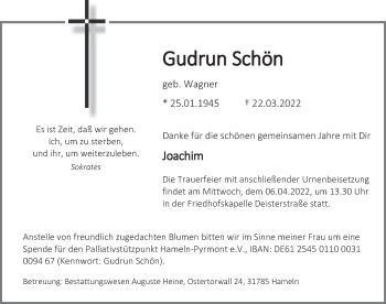 Traueranzeige von Gudrun Schön von Deister- und Weserzeitung