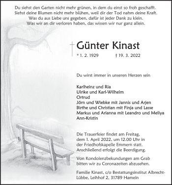 Traueranzeige von Günter Kinast von Deister- und Weserzeitung
