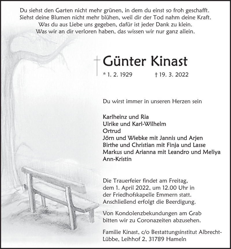  Traueranzeige für Günter Kinast vom 25.03.2022 aus Deister- und Weserzeitung