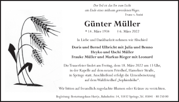 Traueranzeige von Günter Müller von Neue Deister-Zeitung