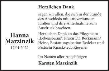 Traueranzeige von Hanna Marzinzik von Deister- und Weserzeitung