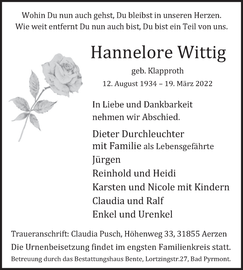  Traueranzeige für Hannelore Wittig vom 26.03.2022 aus Deister- und Weserzeitung